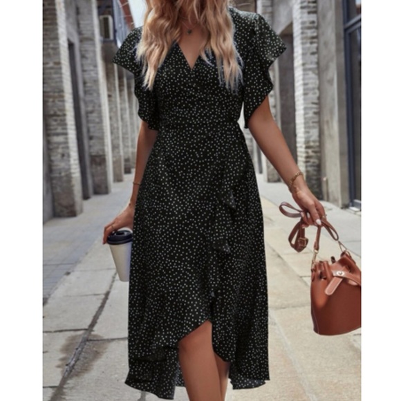 Boho polka dots ruffle hem wrap dress black - Picture 5 of 16